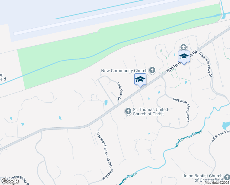 map of restaurants, bars, coffee shops, grocery stores, and more near 18008 Tara Woods in Chesterfield