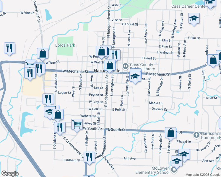 map of restaurants, bars, coffee shops, grocery stores, and more near 505 South Independence Street in Harrisonville