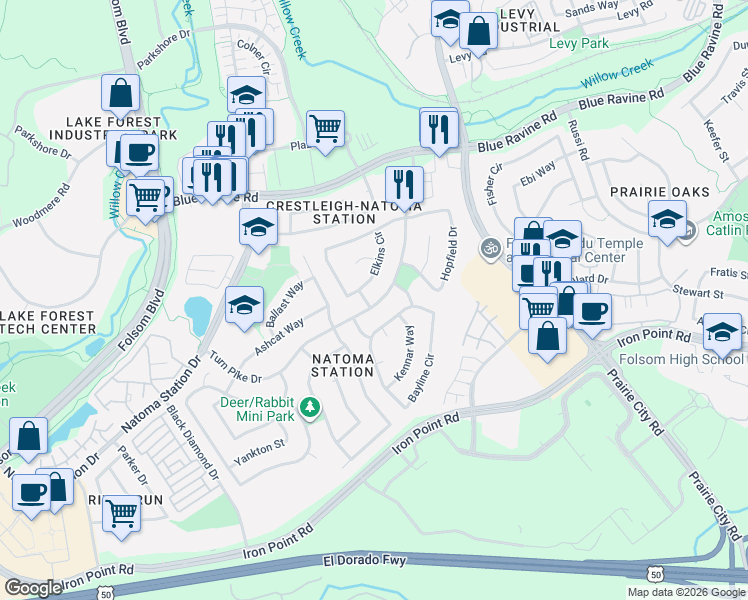 map of restaurants, bars, coffee shops, grocery stores, and more near 167 Elkins Circle in Folsom