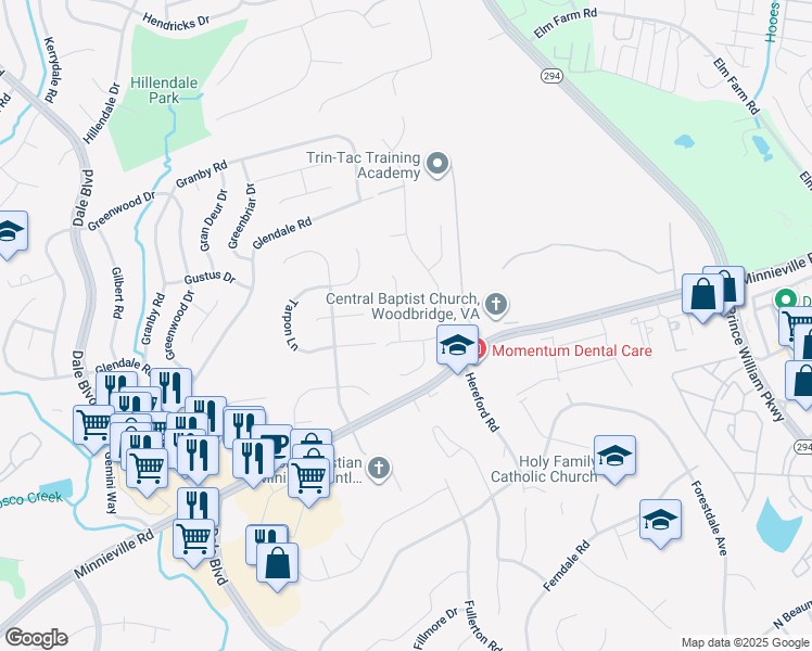 map of restaurants, bars, coffee shops, grocery stores, and more near 13911 Hydrangea Court in Woodbridge