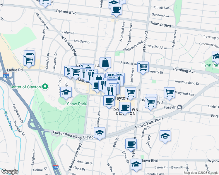 map of restaurants, bars, coffee shops, grocery stores, and more near 106 North Meramec Avenue in Clayton