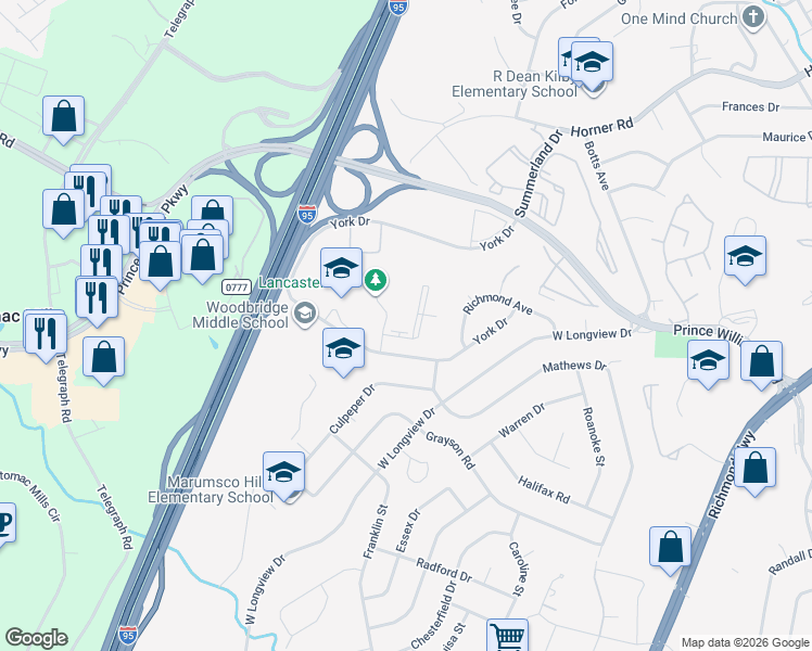 map of restaurants, bars, coffee shops, grocery stores, and more near 13940 Longwood Manor Court in Woodbridge