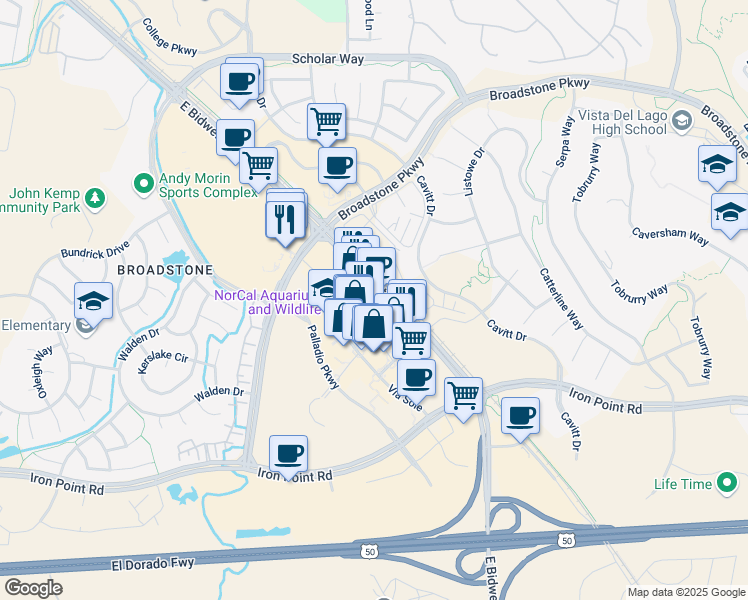 map of restaurants, bars, coffee shops, grocery stores, and more near 380 Palladio Parkway in Folsom