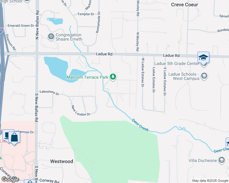 map of restaurants, bars, coffee shops, grocery stores, and more near 216 Townsend Street in Creve Coeur