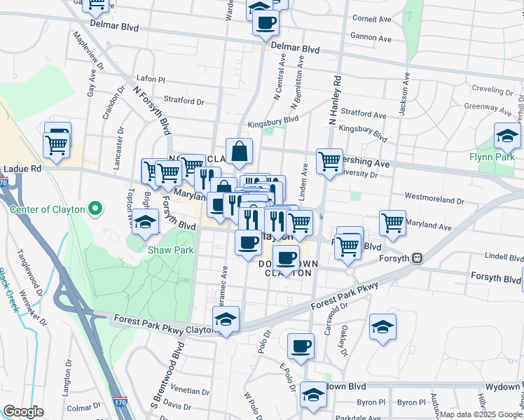 map of restaurants, bars, coffee shops, grocery stores, and more near 9 North Bemiston Avenue in Clayton