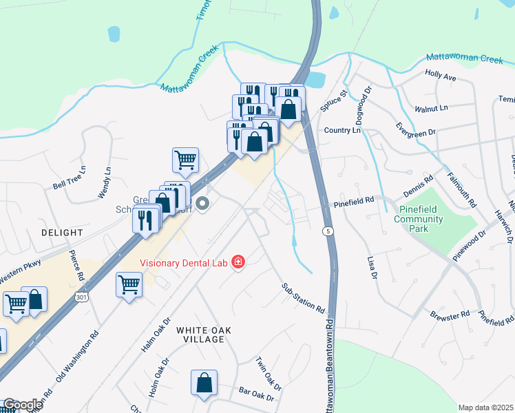 map of restaurants, bars, coffee shops, grocery stores, and more near 2320 Clubhouse Station Place in Waldorf