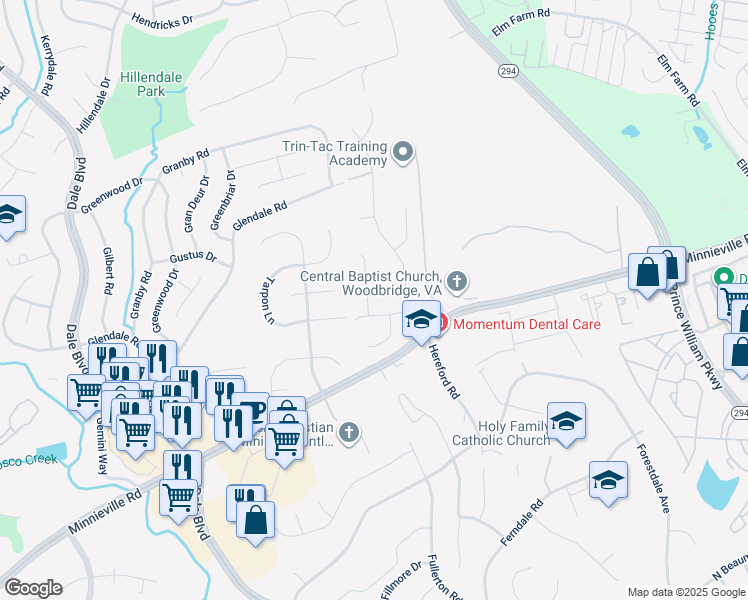 map of restaurants, bars, coffee shops, grocery stores, and more near 13911 Hydrangea Court in Woodbridge