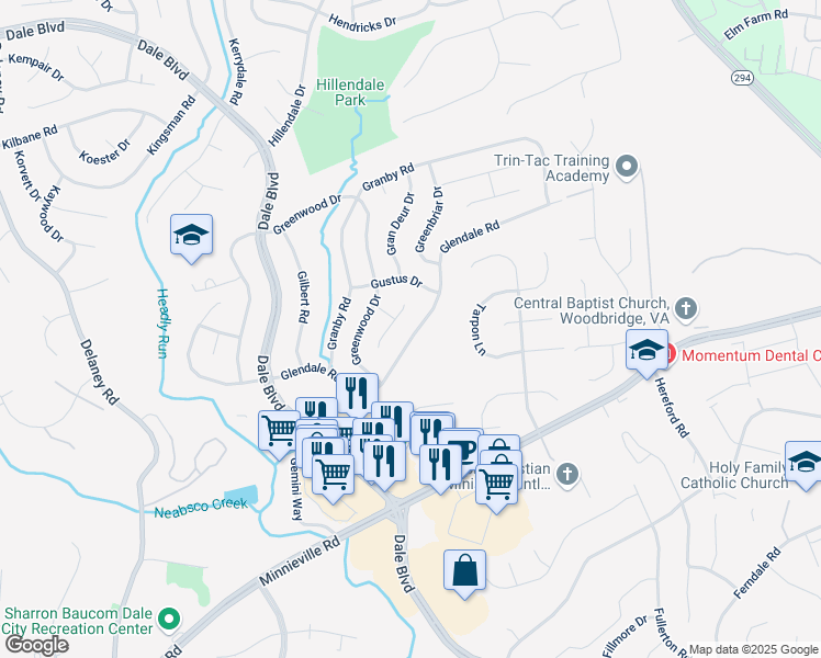 map of restaurants, bars, coffee shops, grocery stores, and more near 4212 Glendale Road in Woodbridge