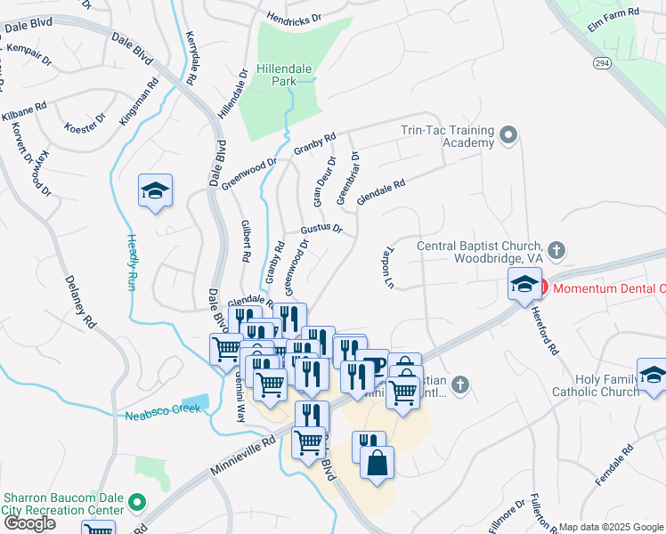 map of restaurants, bars, coffee shops, grocery stores, and more near 4212 Glendale Road in Woodbridge