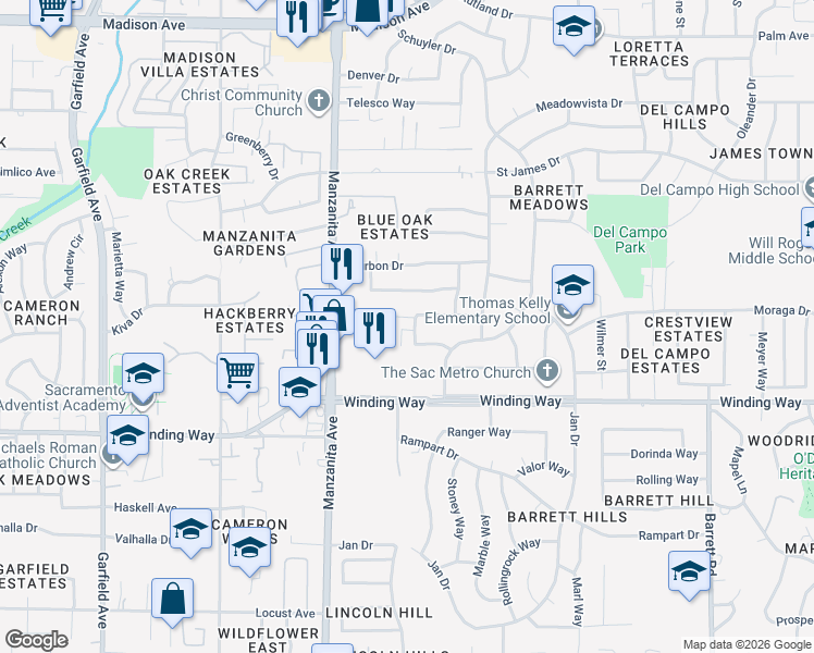 map of restaurants, bars, coffee shops, grocery stores, and more near 6029 Northcrest Circle in Carmichael
