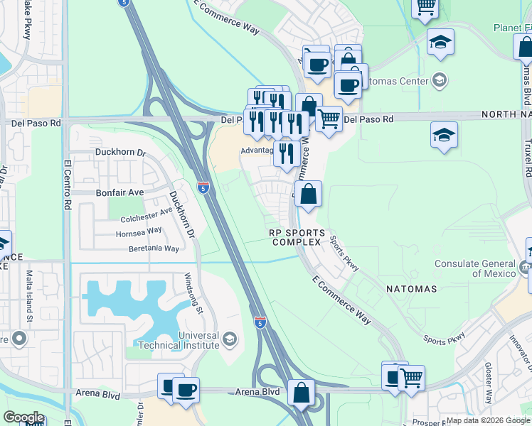 map of restaurants, bars, coffee shops, grocery stores, and more near 17 Advantage Court in Sacramento