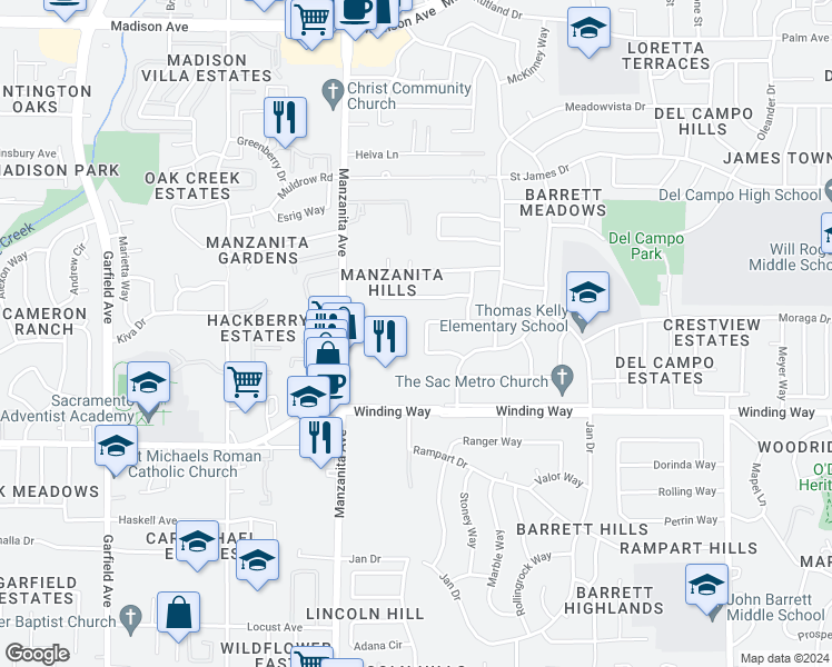 map of restaurants, bars, coffee shops, grocery stores, and more near 6043 Northcrest Circle in Carmichael