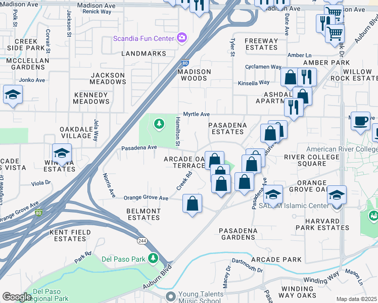 map of restaurants, bars, coffee shops, grocery stores, and more near 4768 Hamilton Street in Sacramento