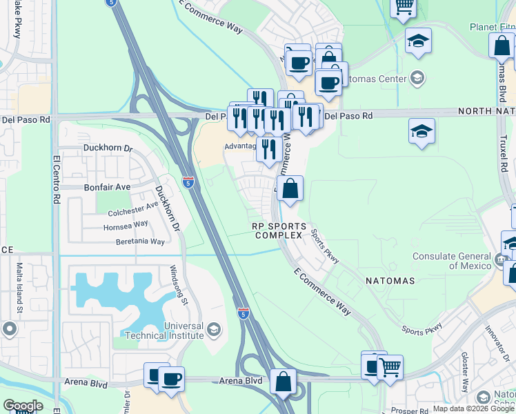 map of restaurants, bars, coffee shops, grocery stores, and more near 2938 Chatelet Walk in Sacramento