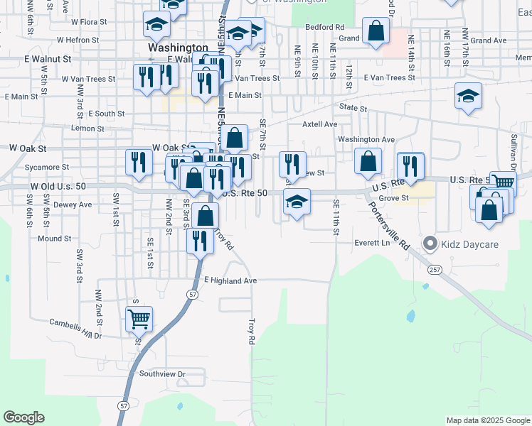 map of restaurants, bars, coffee shops, grocery stores, and more near 701 East National Highway in Washington