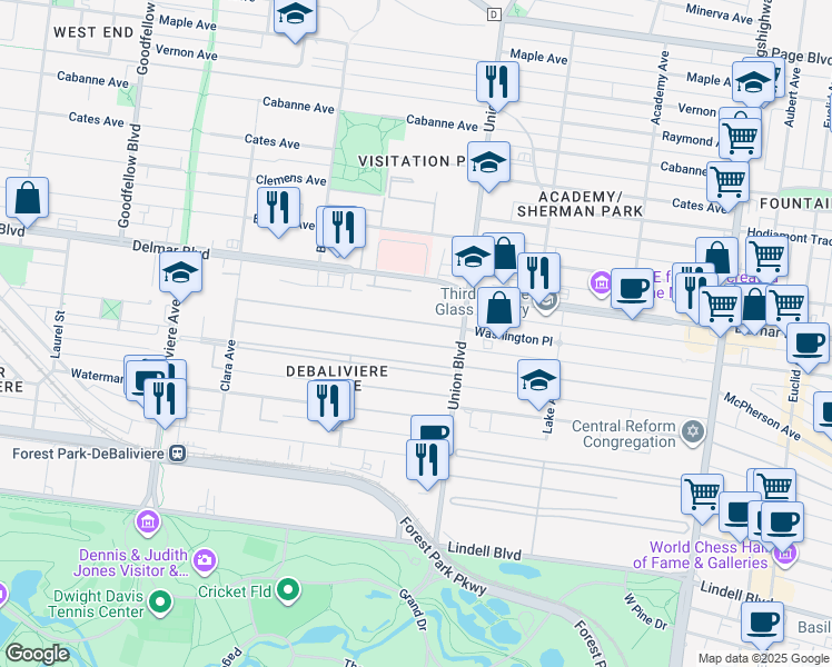 map of restaurants, bars, coffee shops, grocery stores, and more near 13 Washington Terrace in St. Louis