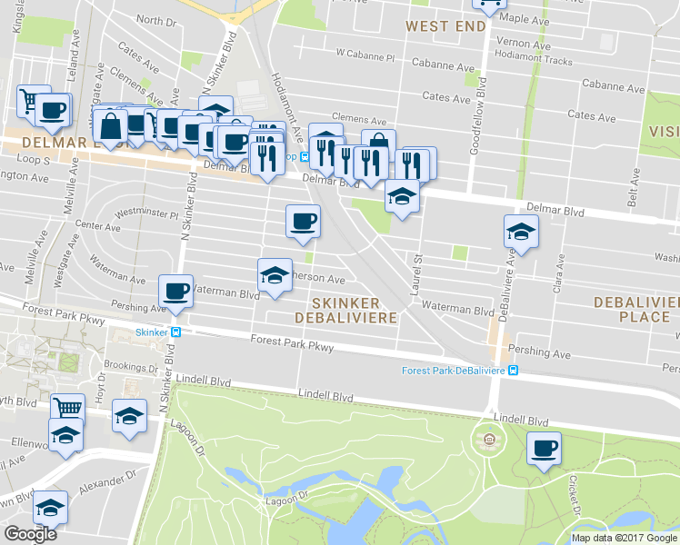 map of restaurants, bars, coffee shops, grocery stores, and more near 5899 Nina Place in St. Louis