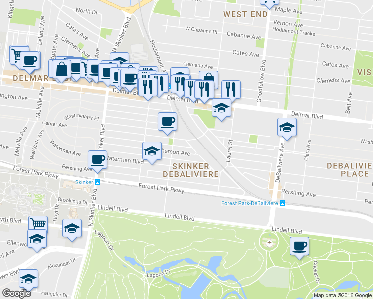 map of restaurants, bars, coffee shops, grocery stores, and more near 5899 Nina Place in St. Louis