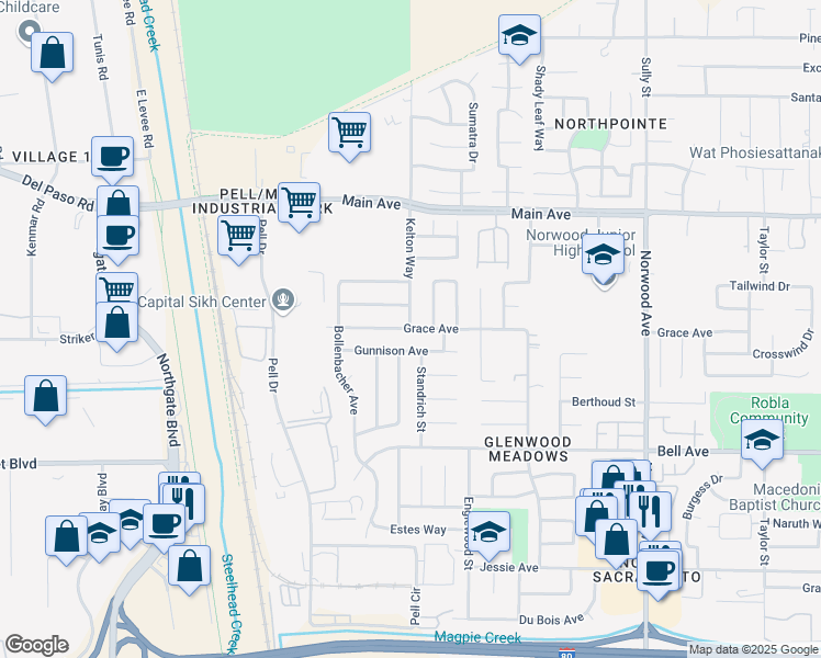 map of restaurants, bars, coffee shops, grocery stores, and more near Grace Avenue & Kelton Way in Sacramento