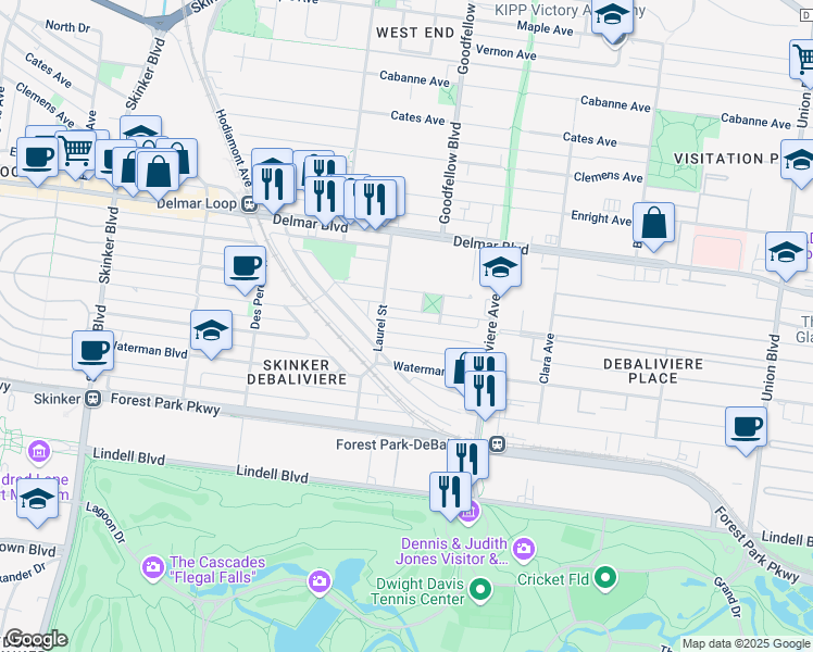 map of restaurants, bars, coffee shops, grocery stores, and more near 5785 McPherson Avenue in St. Louis
