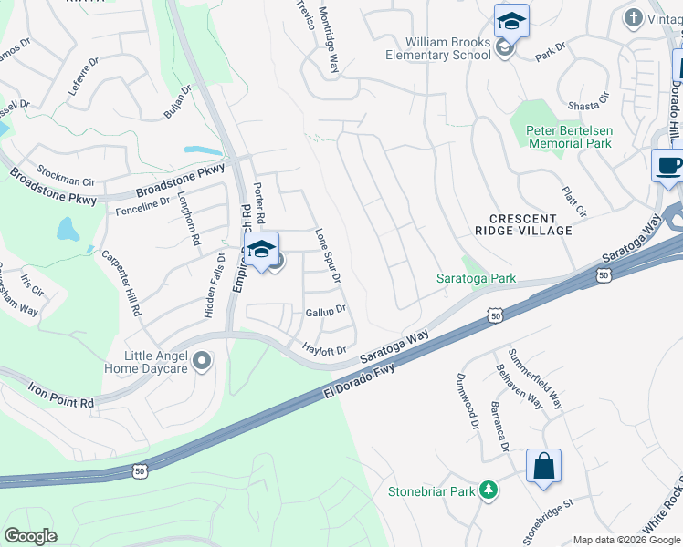 map of restaurants, bars, coffee shops, grocery stores, and more near 384 Lone Spur Drive in Folsom