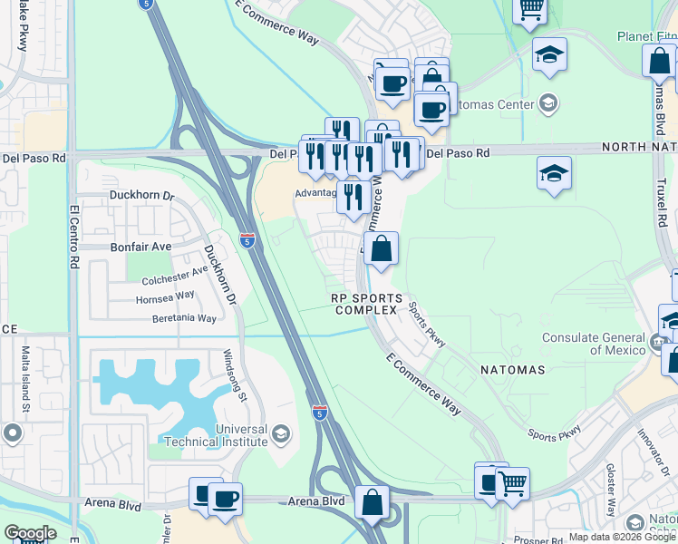 map of restaurants, bars, coffee shops, grocery stores, and more near 2938 Chatelet Walk in Sacramento