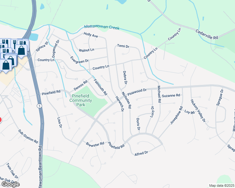 map of restaurants, bars, coffee shops, grocery stores, and more near 1325 Harwich Drive in Waldorf