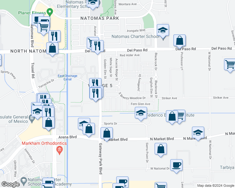 map of restaurants, bars, coffee shops, grocery stores, and more near 1820 South Breezy Meadow Drive in Sacramento