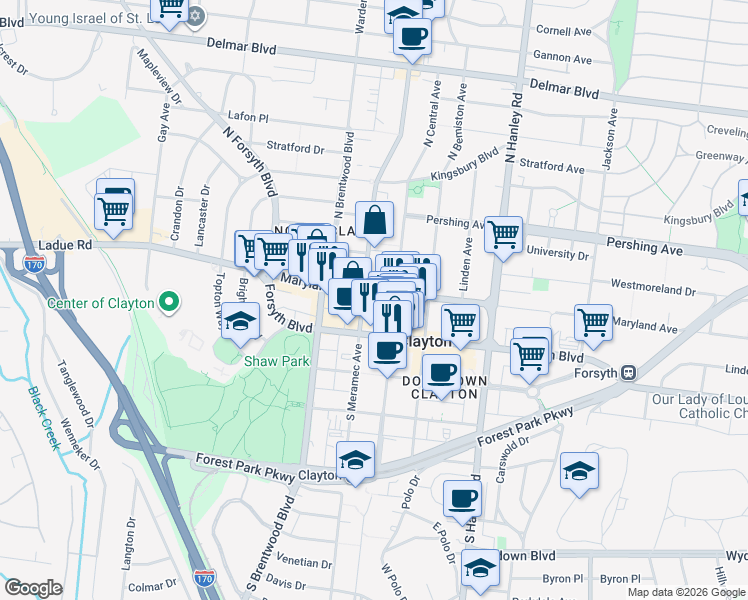 map of restaurants, bars, coffee shops, grocery stores, and more near 34 North Meramec Avenue in Clayton