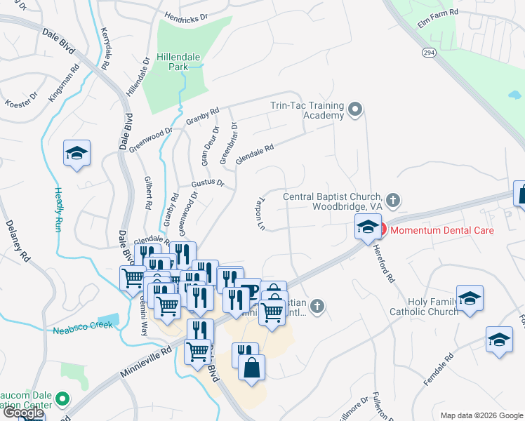 map of restaurants, bars, coffee shops, grocery stores, and more near 4066 Tarpon Lane in Woodbridge