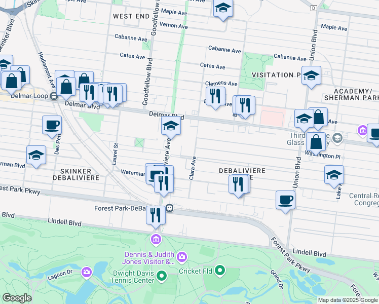 map of restaurants, bars, coffee shops, grocery stores, and more near 5655 Kingsbury Avenue in St. Louis