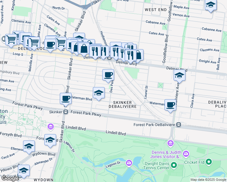 map of restaurants, bars, coffee shops, grocery stores, and more near 5960 Kingsbury Avenue in St. Louis