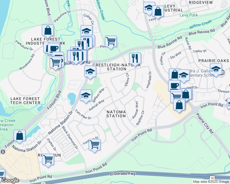 map of restaurants, bars, coffee shops, grocery stores, and more near 154 Elkins Circle in Folsom