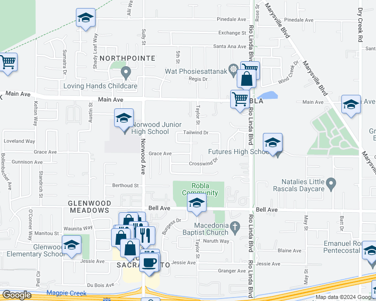 map of restaurants, bars, coffee shops, grocery stores, and more near 671 Grace Avenue in Sacramento