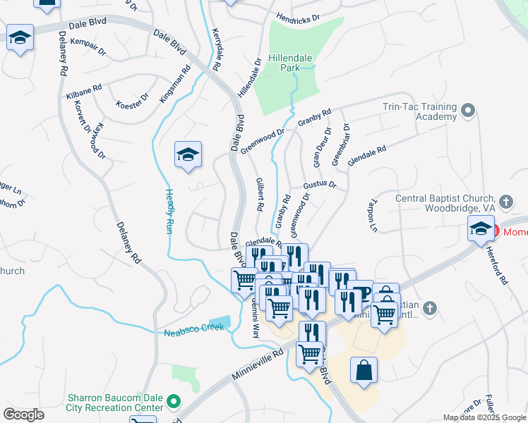 map of restaurants, bars, coffee shops, grocery stores, and more near 13815 Gilbert Road in Woodbridge