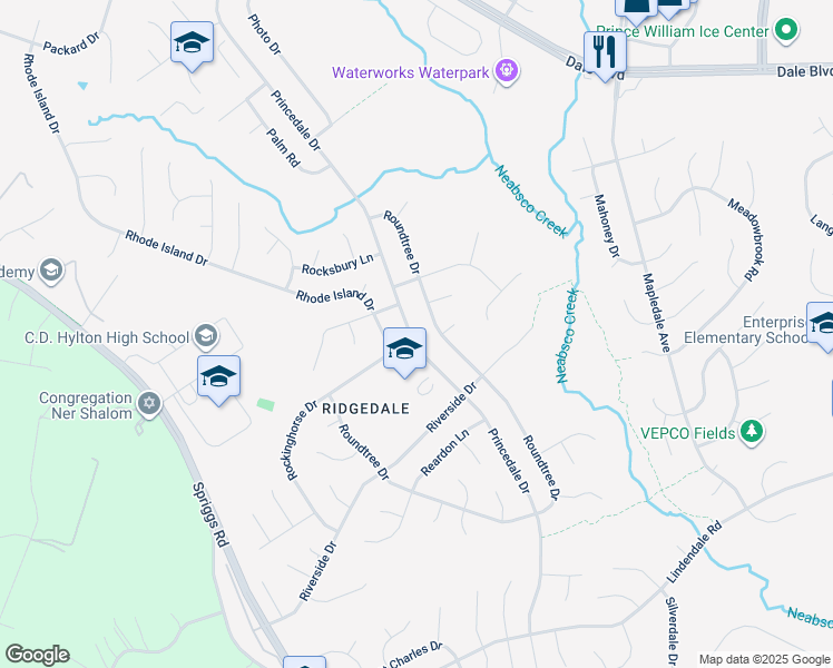 map of restaurants, bars, coffee shops, grocery stores, and more near 13531 Princedale Drive in Woodbridge
