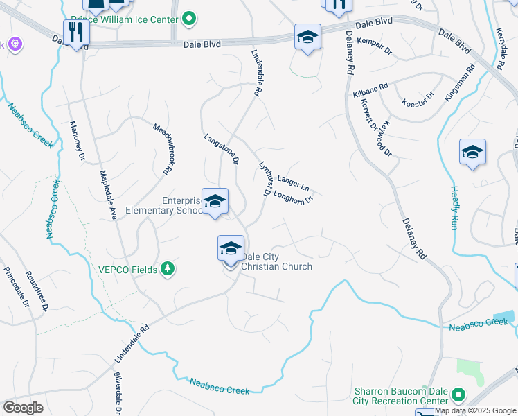 map of restaurants, bars, coffee shops, grocery stores, and more near 13910 Lynhurst Drive in Woodbridge