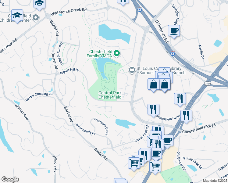 map of restaurants, bars, coffee shops, grocery stores, and more near 16365 Lydia Hill Drive in Chesterfield