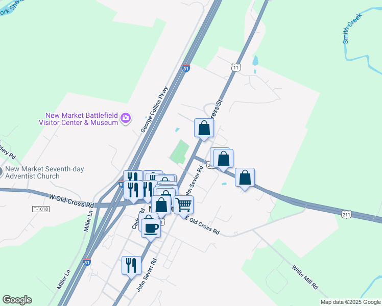 map of restaurants, bars, coffee shops, grocery stores, and more near 9245 North Congress Street in New Market