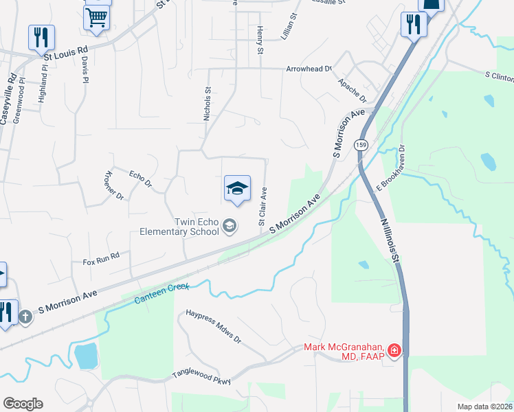 map of restaurants, bars, coffee shops, grocery stores, and more near 1411 Saint Clair Avenue in Collinsville