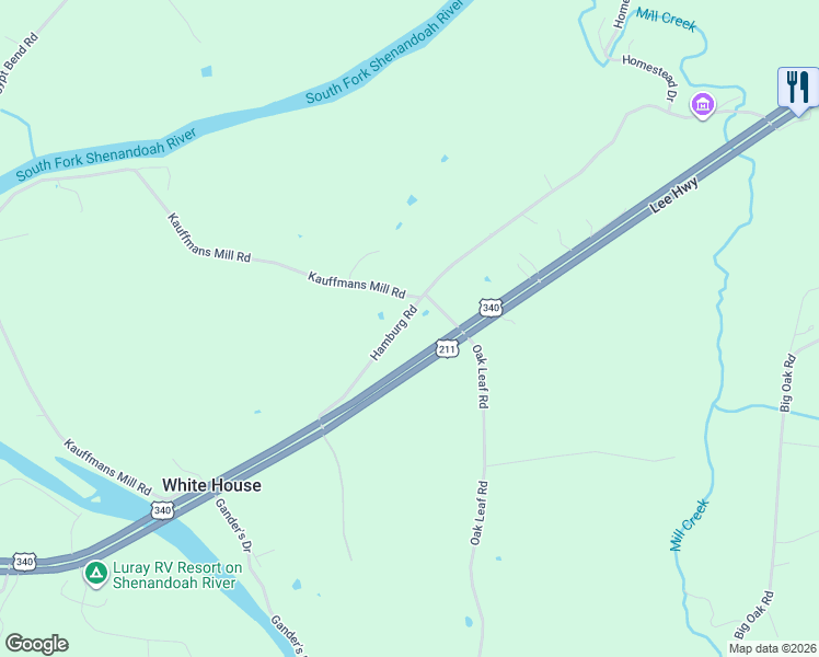map of restaurants, bars, coffee shops, grocery stores, and more near 1057 Hamburg Road in Luray