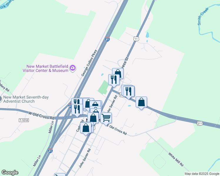 map of restaurants, bars, coffee shops, grocery stores, and more near 9245 North Congress Street in New Market