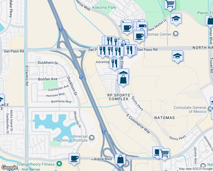 map of restaurants, bars, coffee shops, grocery stores, and more near 2938 Chatelet Walk in Sacramento