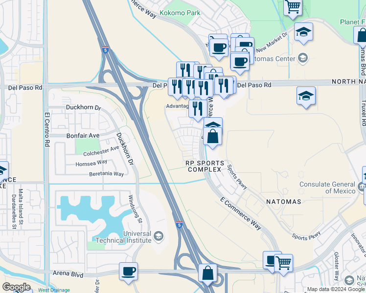 map of restaurants, bars, coffee shops, grocery stores, and more near 17 Advantage Court in Sacramento