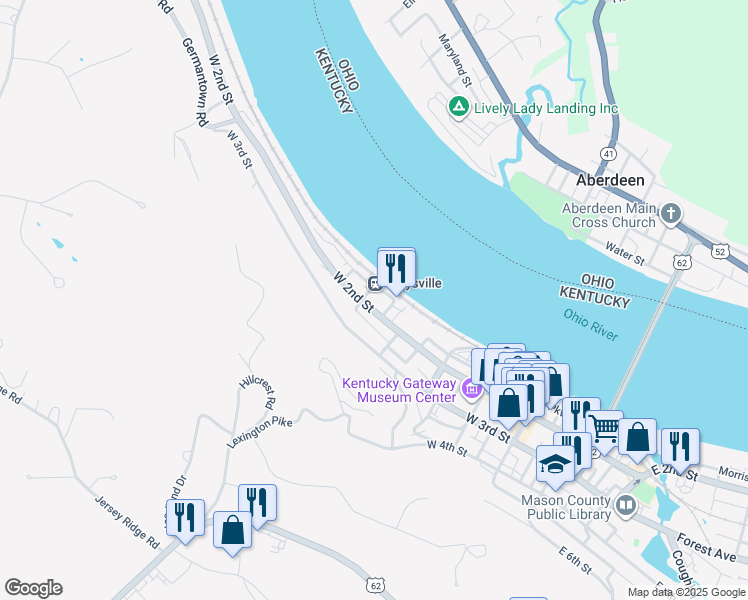 map of restaurants, bars, coffee shops, grocery stores, and more near 320 Rosemary Clooney Street in Maysville