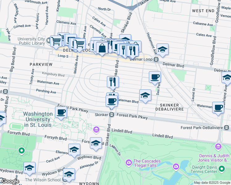 map of restaurants, bars, coffee shops, grocery stores, and more near 400 North Skinker Boulevard in St. Louis
