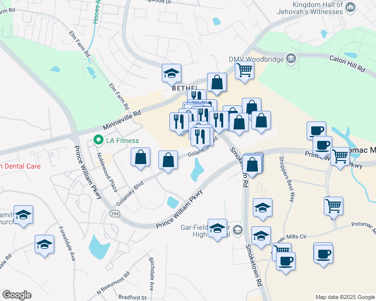 map of restaurants, bars, coffee shops, grocery stores, and more near 3114 Golansky Boulevard in Woodbridge