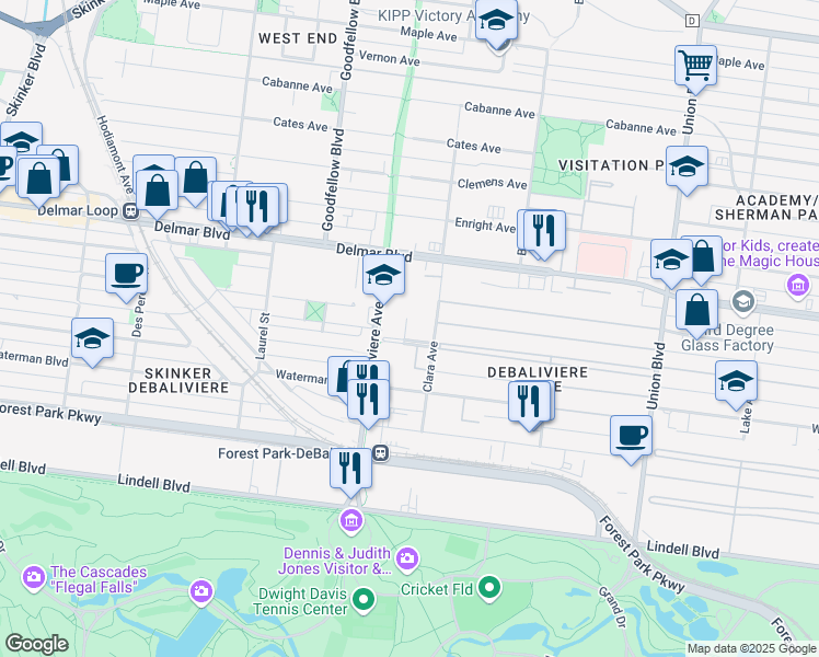 map of restaurants, bars, coffee shops, grocery stores, and more near 5655 Kingsbury Avenue in St. Louis