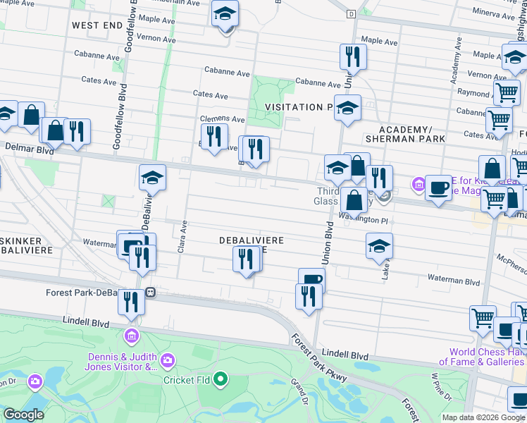 map of restaurants, bars, coffee shops, grocery stores, and more near 2 Washington Terrace in St. Louis
