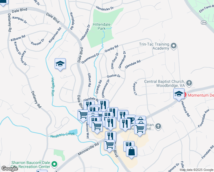 map of restaurants, bars, coffee shops, grocery stores, and more near 13809 Greenwood Drive in Woodbridge